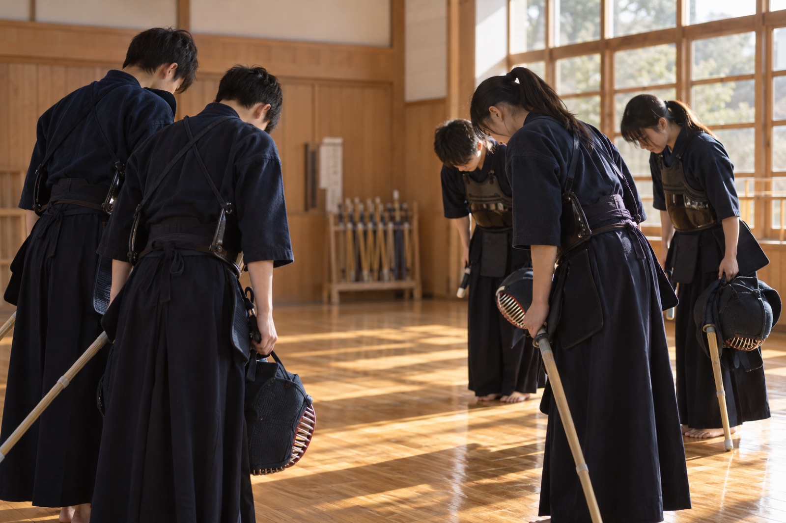 稽古前に礼をする中学生の剣士たち